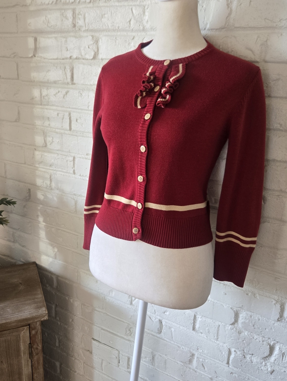 Vtg Y2k Cotton Cardigan Sweater, Stripe & Ruffle, S